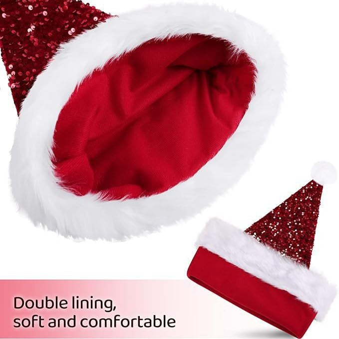 Sparkly Santa Hat Glitter Christmas Sequin Holiday Cap Festive Plush Style