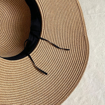 Brown Straw Hat Wide Brim Foldable Beach Sun Hat Palm Leaf Vacation Style