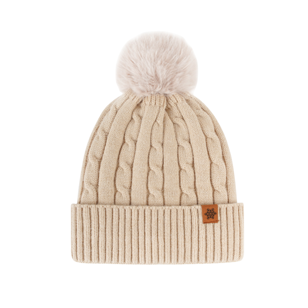 Pom Beanie Ivory Knit Hat with Faux Fur Pom Pom Soft Winter Style for Women