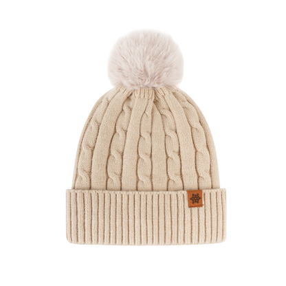 Pom Beanie Ivory Knit Hat with Faux Fur Pom Pom Soft Winter Style for Women