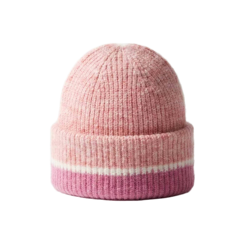 Striped Pink Beanie Ribbed Crochet Knit Hat Soft Warm Winter Cap for Women