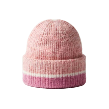 Striped Pink Beanie Ribbed Crochet Knit Hat Soft Warm Winter Cap for Women