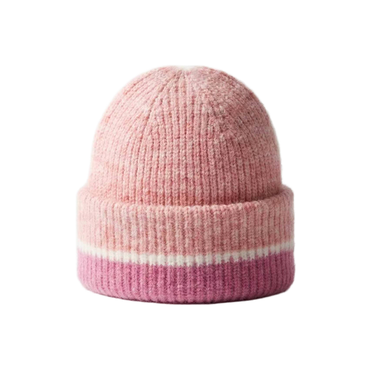 Striped Pink Beanie Ribbed Crochet Knit Hat Soft Warm Winter Cap for Women