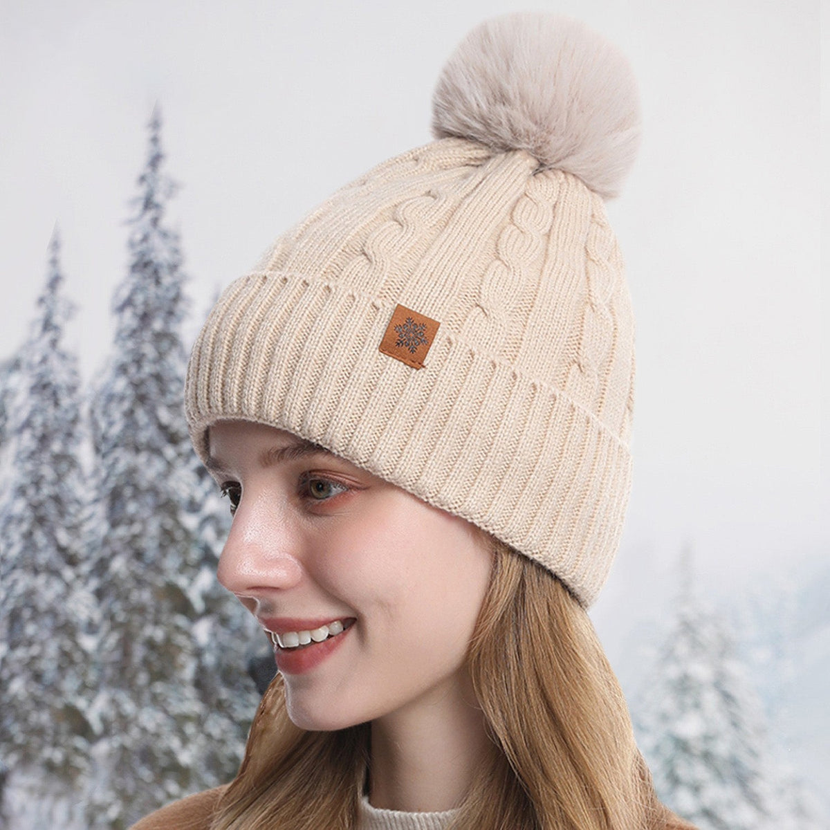 Pom Beanie Ivory Knit Hat with Faux Fur Pom Pom Soft Winter Style for Women