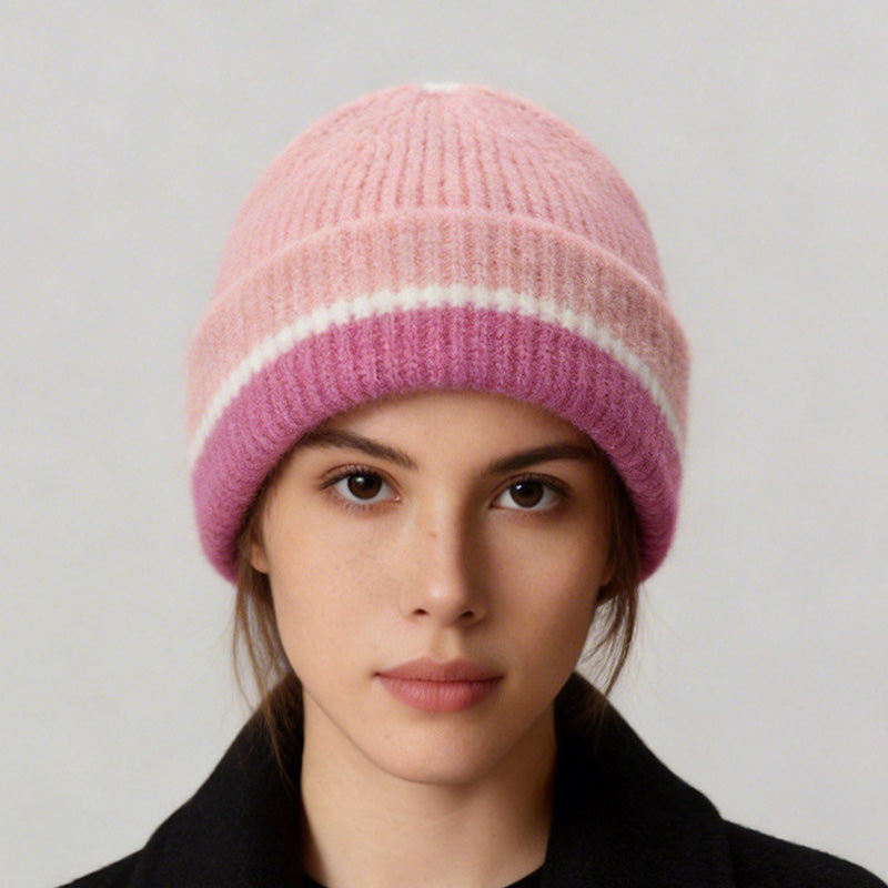 Striped Pink Beanie Ribbed Crochet Knit Hat Soft Warm Winter Cap for Women