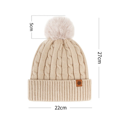 Pom Beanie Ivory Knit Hat with Faux Fur Pom Pom Soft Winter Style for Women