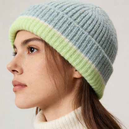 Striped Pink Beanie Ribbed Crochet Knit Hat Soft Warm Winter Cap for Women