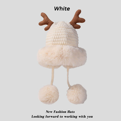 Pink Santa Hat Knitted Santa Claus Hat with Antlers Fluffy Winter Warm Beanie