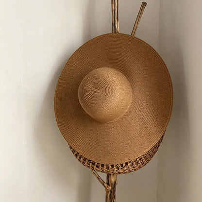 Brown Straw Hat Wide Brim Foldable Beach Sun Hat Palm Leaf Vacation Style