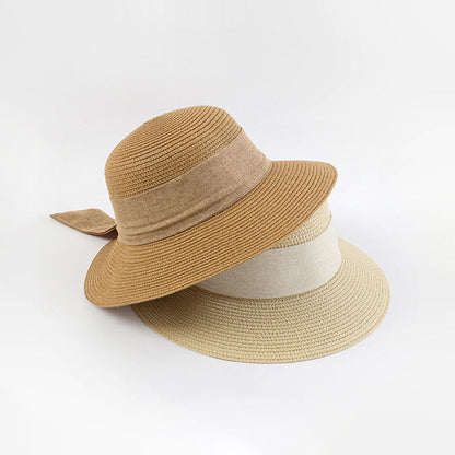 Beach Bucket Hat Women Summer Straw Wide Brim Sun Hat with Bow Ribbon