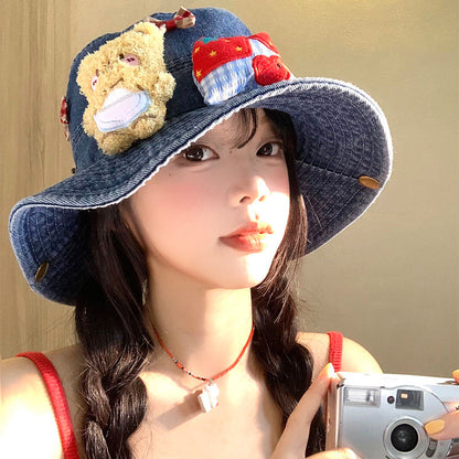 Cubs Bucket Hat | Cute Denim Bucket Hat with Bow for Women Summer Sun Protection