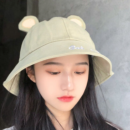 Cute Bucket Hat with Cat Ears – Green Sun Hat with Letter Print for Women & Girls