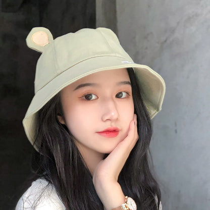 Cute Bucket Hat with Cat Ears – Green Sun Hat with Letter Print for Women & Girls