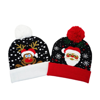 Black Santa Hat LED Knit Christmas Cap with Snowflake Pattern Light Up Beanie