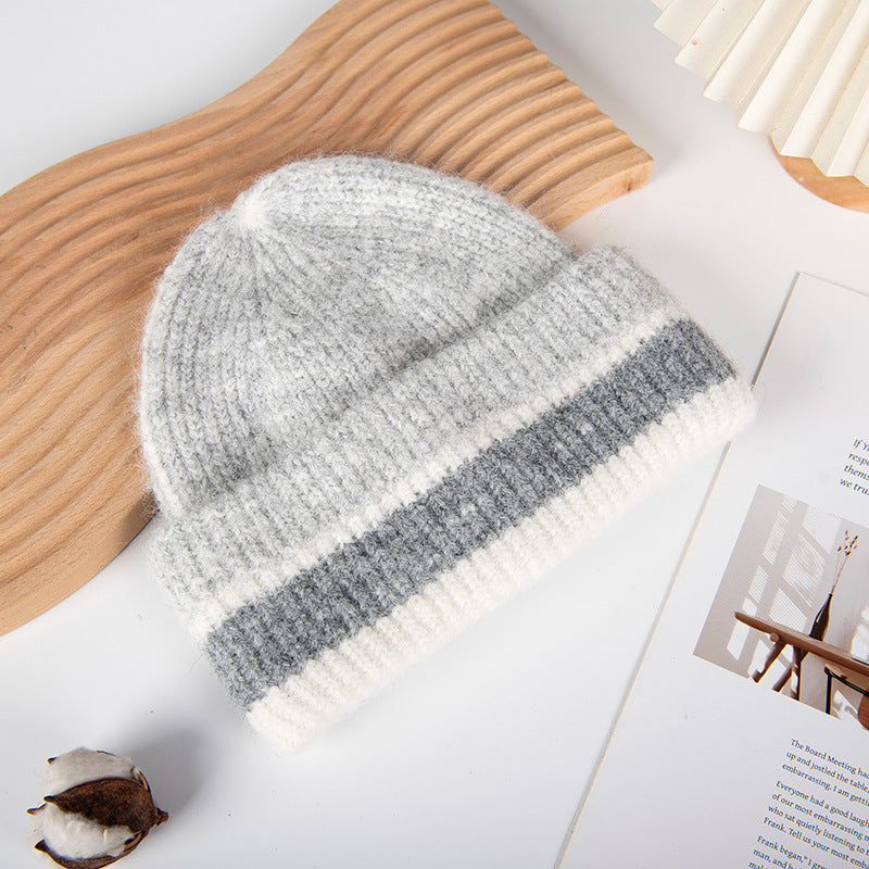 Striped Pink Beanie Ribbed Crochet Knit Hat Soft Warm Winter Cap for Women