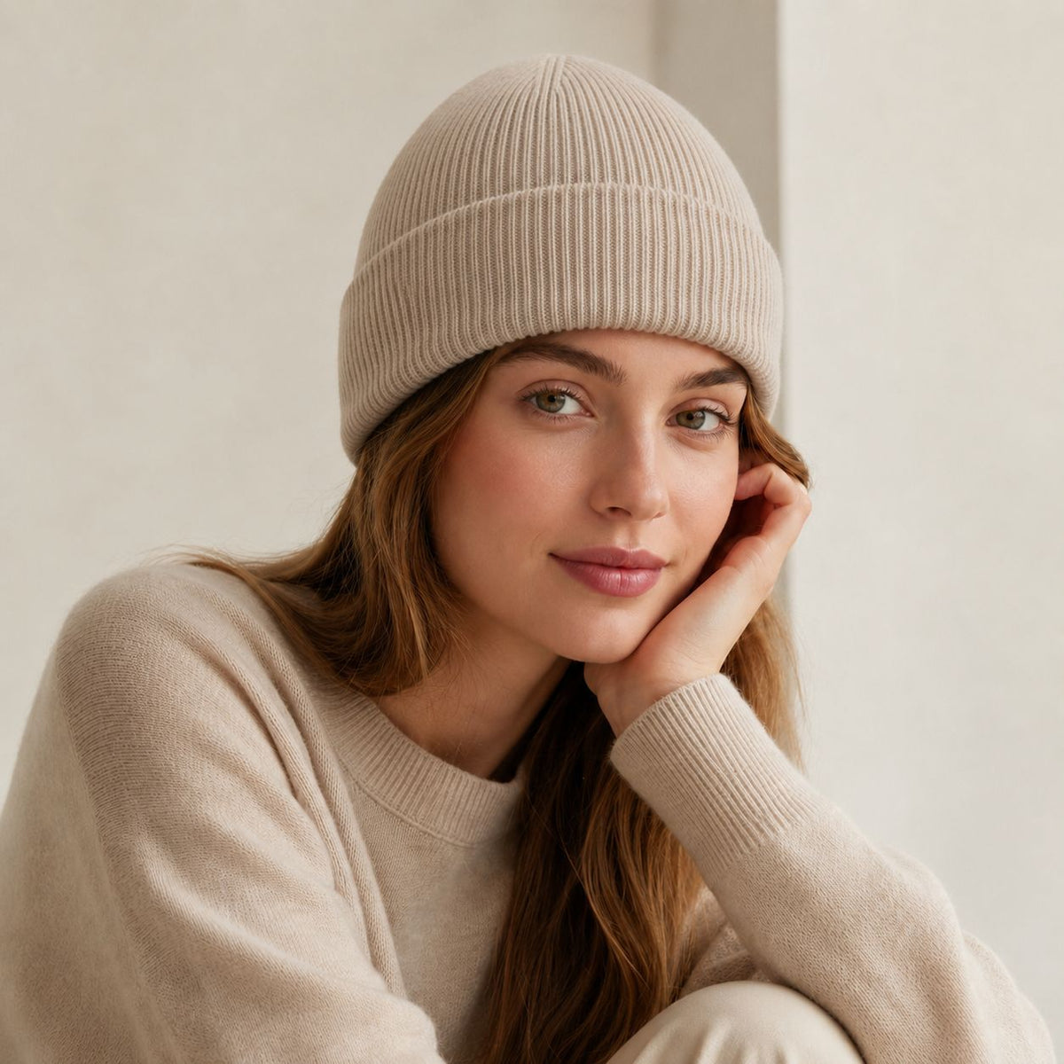 Blank Beanie Beige Plain Knit Hat Minimal Winter Cap for Men Women