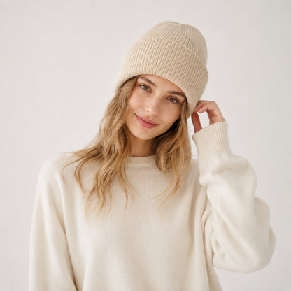 Blank Beanie Beige Plain Knit Hat Minimal Winter Cap for Men Women