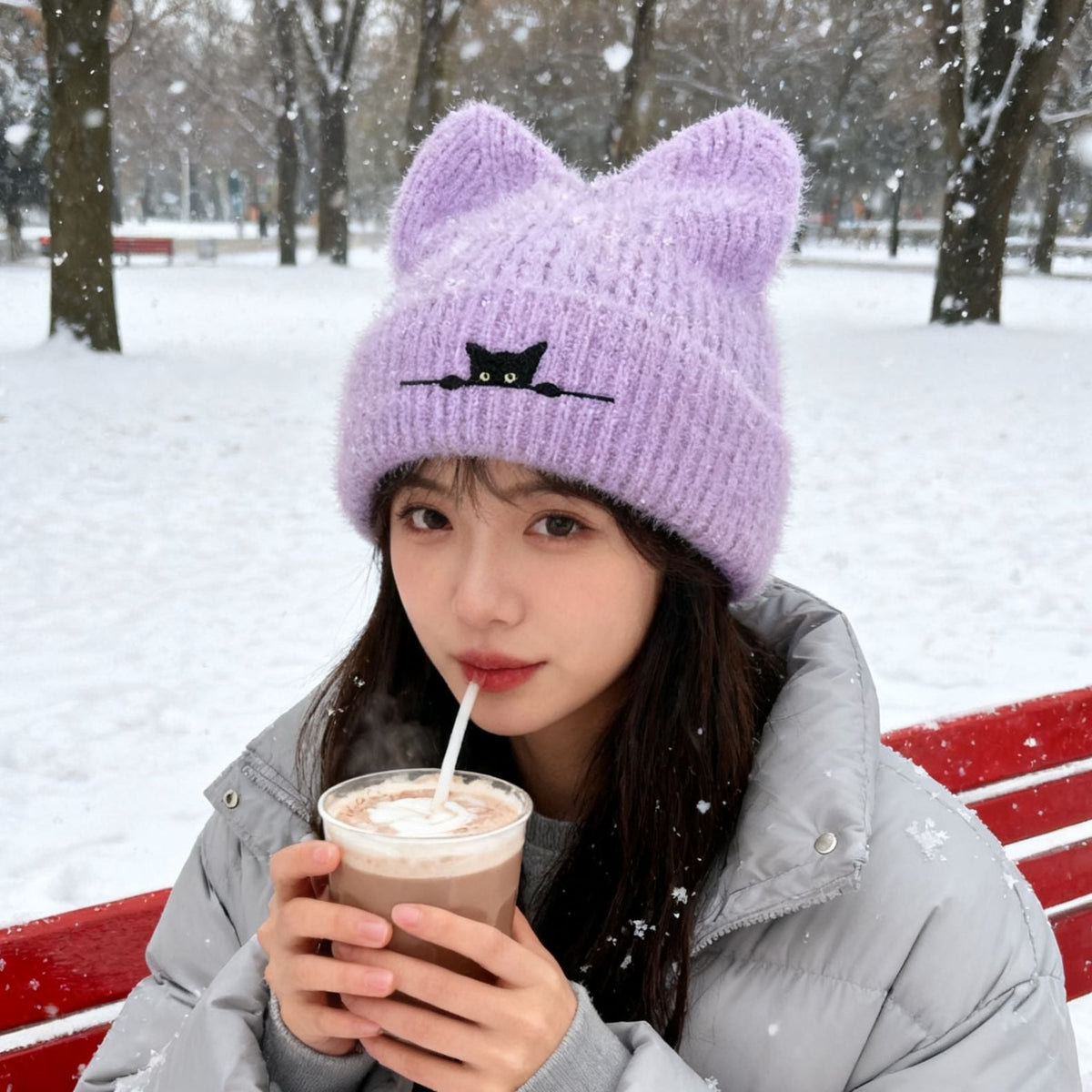 Cat Ear Beanie Cute Knit Winter Hat Soft Warm Cosplay Cap for Women Men