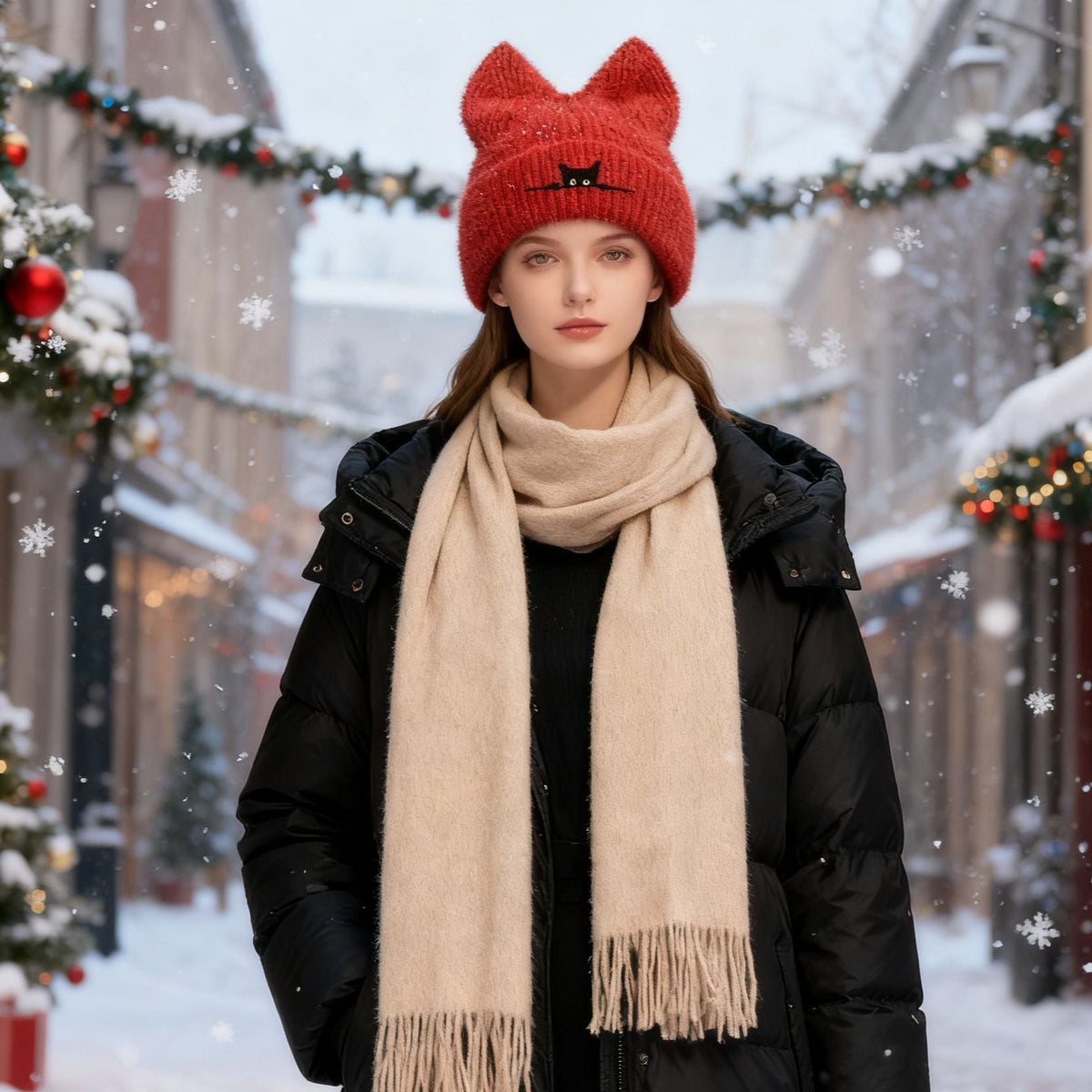 Cat Ear Beanie Cute Knit Winter Hat Soft Warm Cosplay Cap for Women Men
