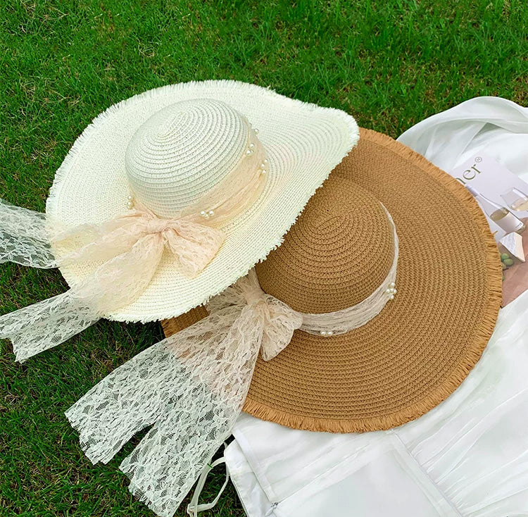 Straw Beach Hat Women Wide Brim Bow Sun Hat Elegant Vacation Beach Style