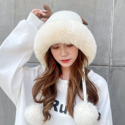 Pink Santa Hat Knitted Santa Claus Hat with Antlers Fluffy Winter Warm Beanie