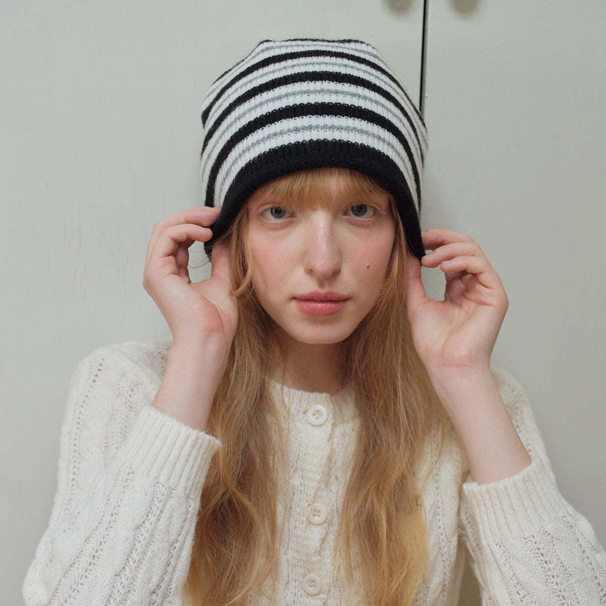 Black and White Beanie Knit Winter Hat Unisex Classic Everyday Style