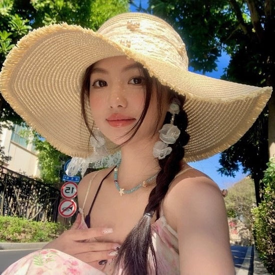 Straw Beach Hat Women Wide Brim Bow Sun Hat Elegant Vacation Beach Style