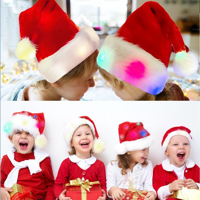 Light Up Santa Hat Festive Sparkle LED Long Plush Handmade Christmas Cap