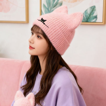 Cat Ear Beanie Cute Knit Winter Hat Soft Warm Cosplay Cap for Women Men