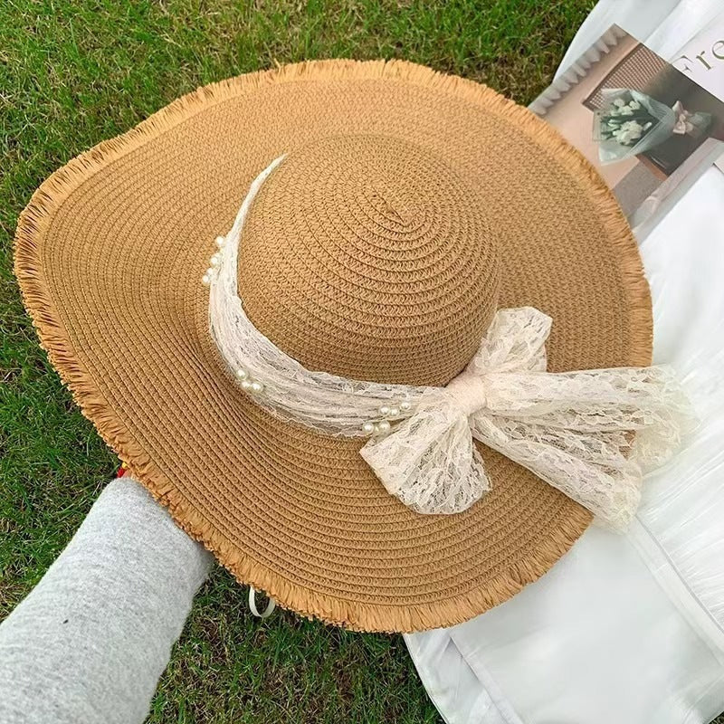Straw Beach Hat Women Wide Brim Bow Sun Hat Elegant Vacation Beach Style