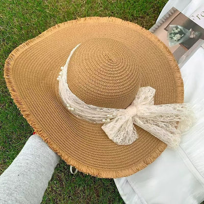 Straw Beach Hat Women Wide Brim Bow Sun Hat Elegant Vacation Beach Style