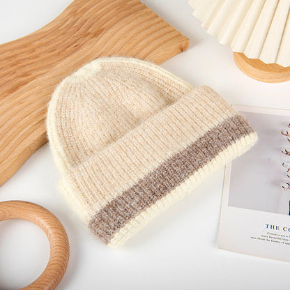 Striped Pink Beanie Ribbed Crochet Knit Hat Soft Warm Winter Cap for Women
