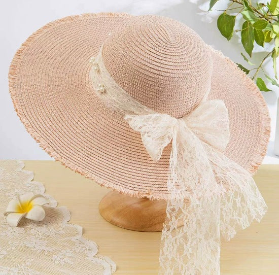 Straw Beach Hat Women Wide Brim Bow Sun Hat Elegant Vacation Beach Style