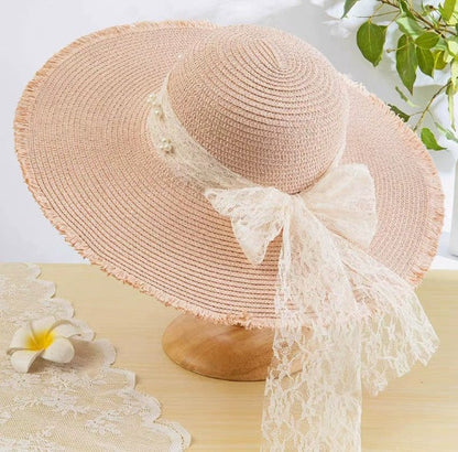 Straw Beach Hat Women Wide Brim Bow Sun Hat Elegant Vacation Beach Style
