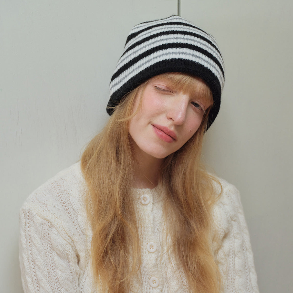 Black and White Beanie Knit Winter Hat Unisex Classic Everyday Style