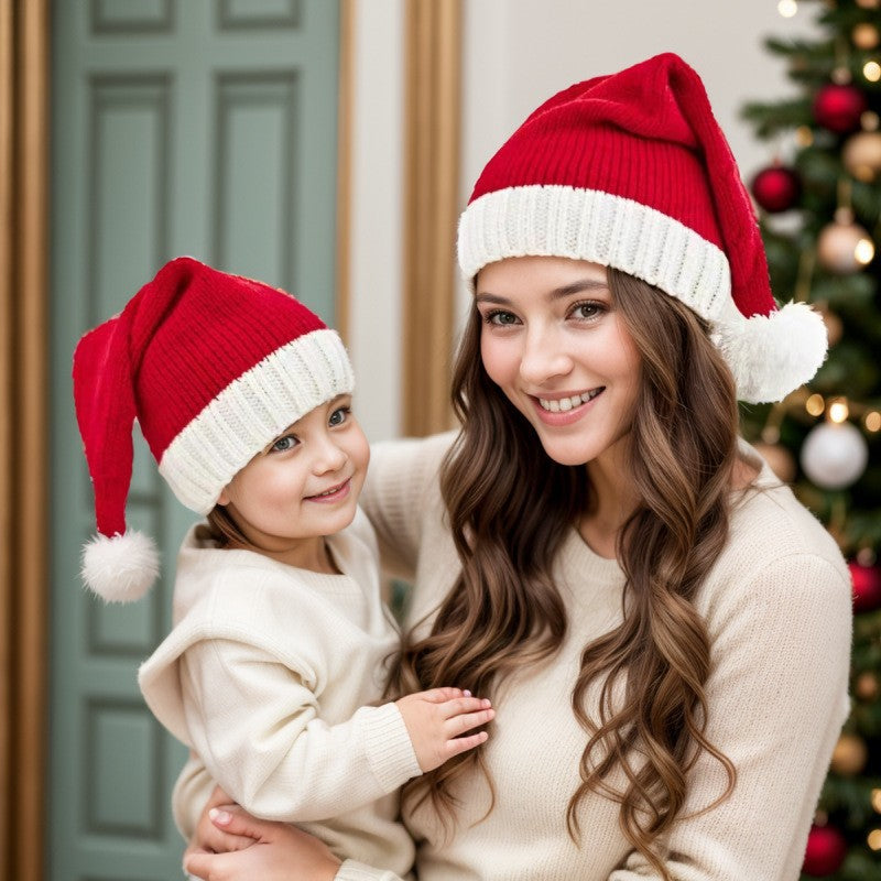 Crochet Knit Santa Hat Red Winter Style Santa Claus Holiday Family Beanie
