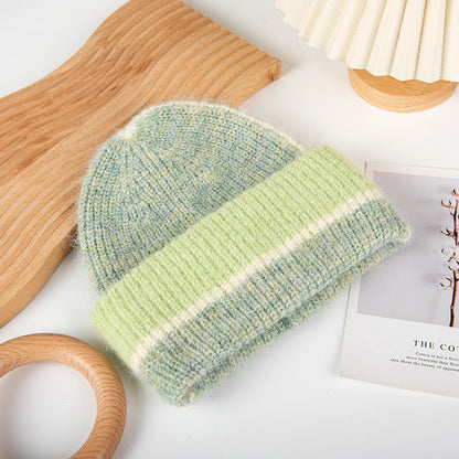Striped Pink Beanie Ribbed Crochet Knit Hat Soft Warm Winter Cap for Women