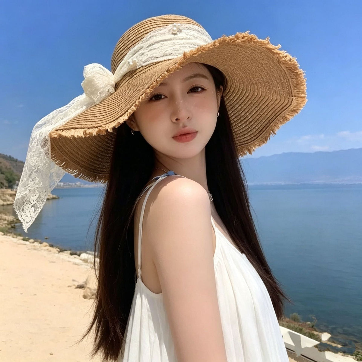 Straw Beach Hat Women Wide Brim Bow Sun Hat Elegant Vacation Beach Style