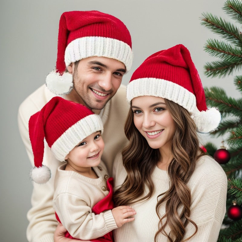 Crochet Knit Santa Hat Red Winter Style Santa Claus Holiday Family Beanie