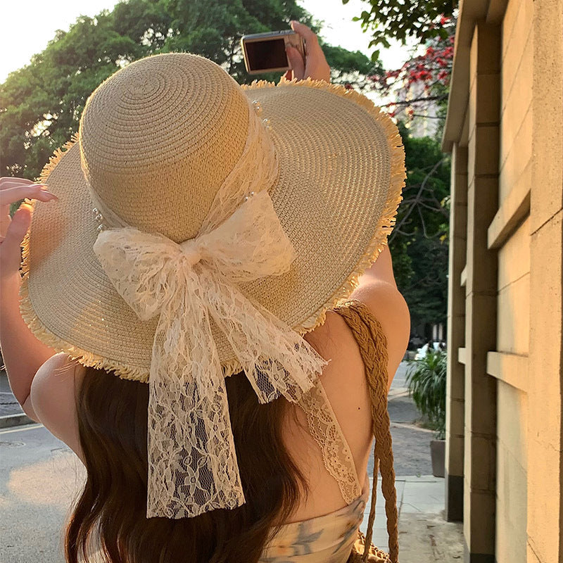 Straw Beach Hat Women Wide Brim Bow Sun Hat Elegant Vacation Beach Style