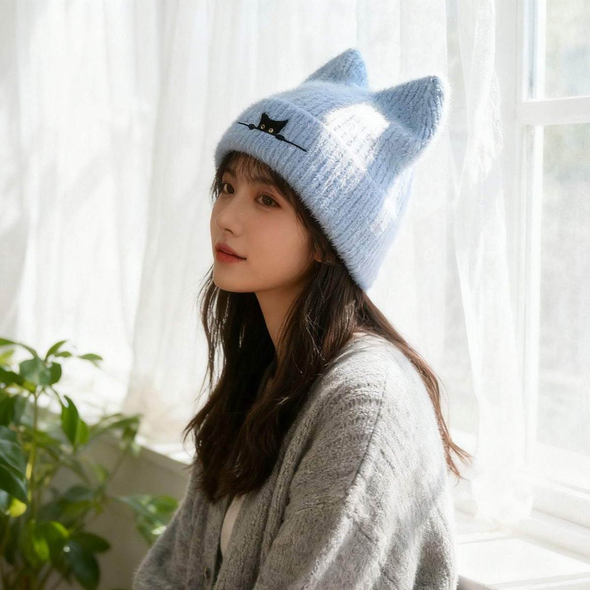 Cat Ear Beanie Cute Knit Winter Hat Soft Warm Cosplay Cap for Women Men