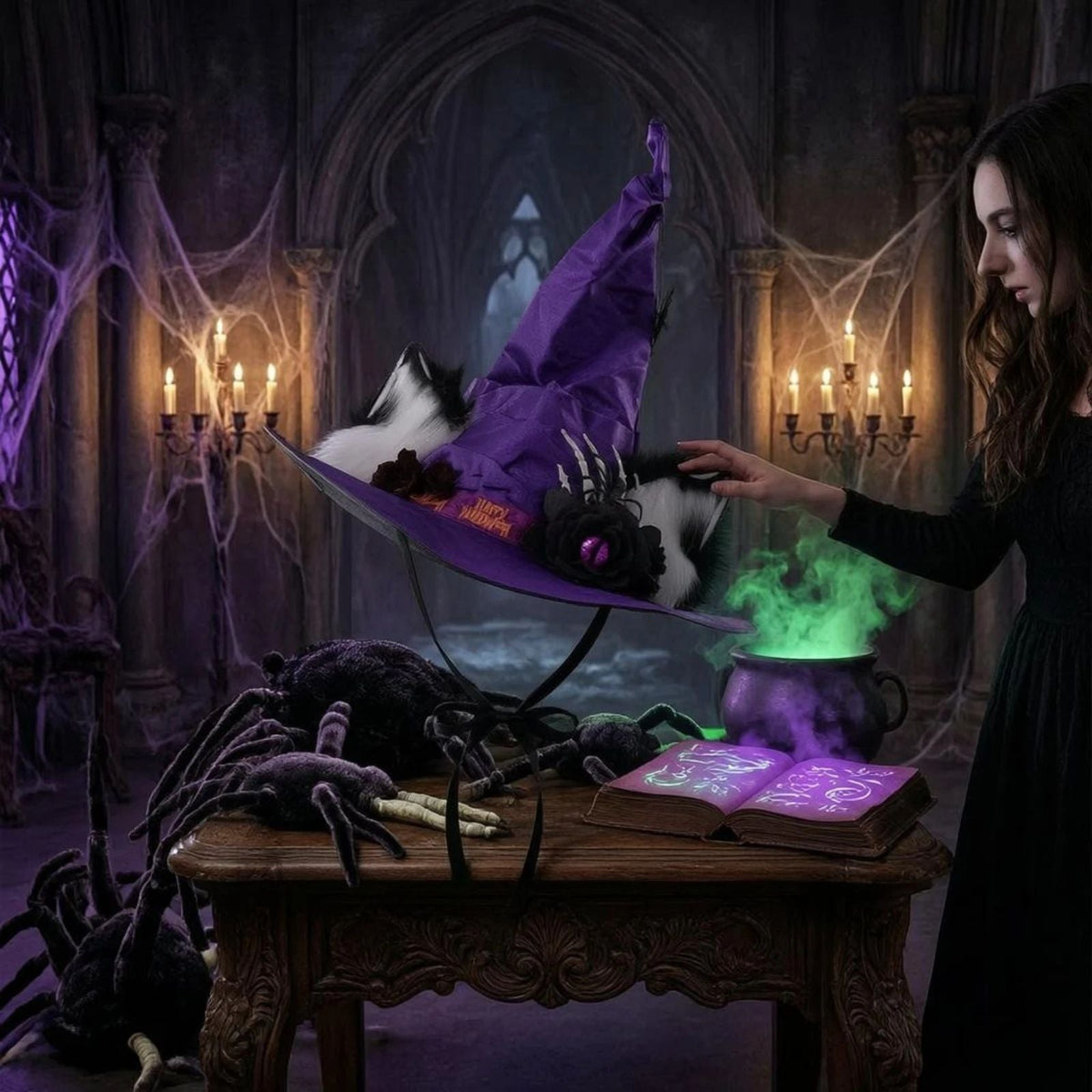 Purple Witch Hat with Furry Cat Ears and Skeleton Hand Halloween Costume
