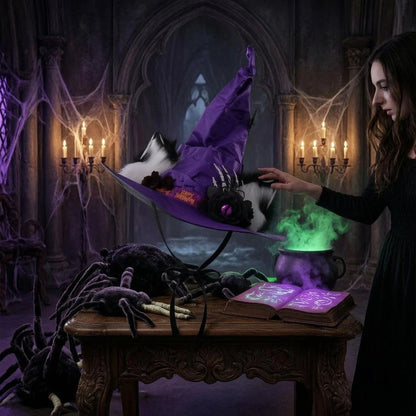 Purple Witch Hat with Furry Cat Ears and Skeleton Hand Halloween Costume