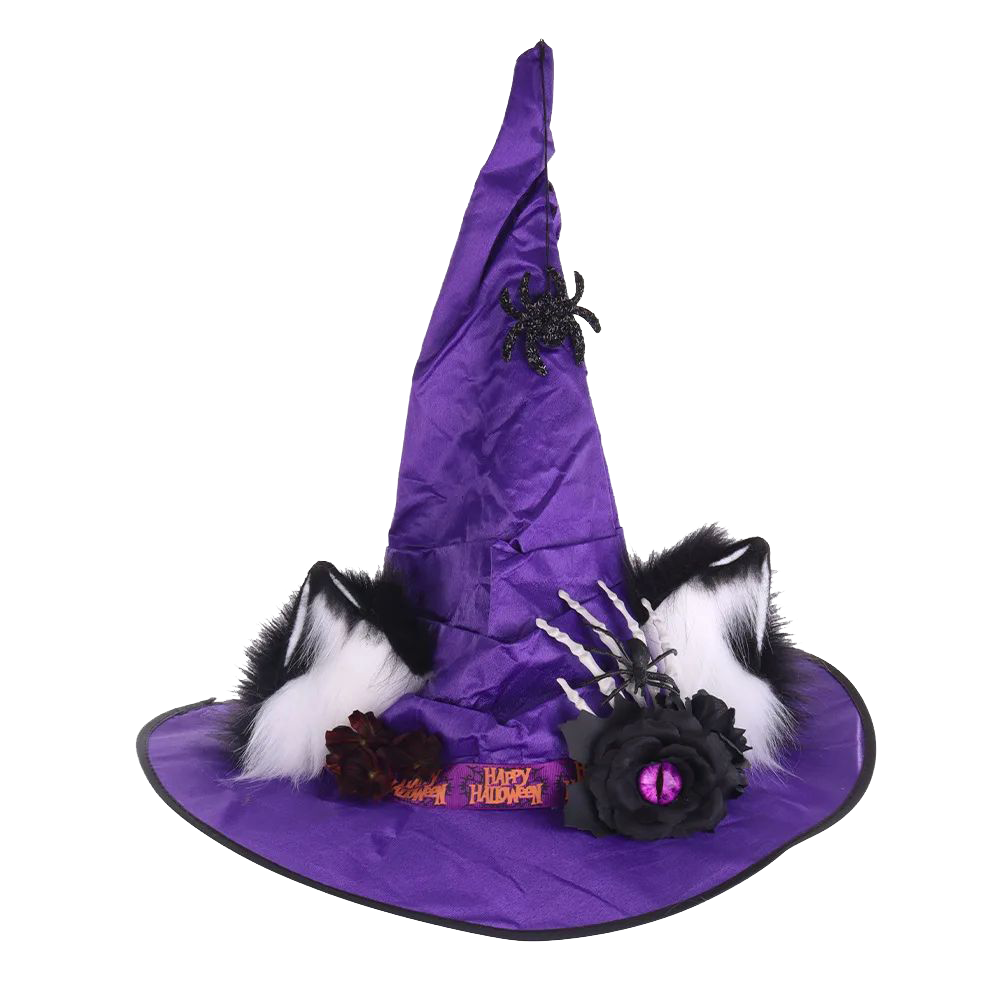 Purple Witch Hat with Furry Cat Ears and Skeleton Hand Halloween Costume