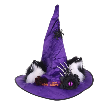 Purple Witch Hat with Furry Cat Ears and Skeleton Hand Halloween Costume