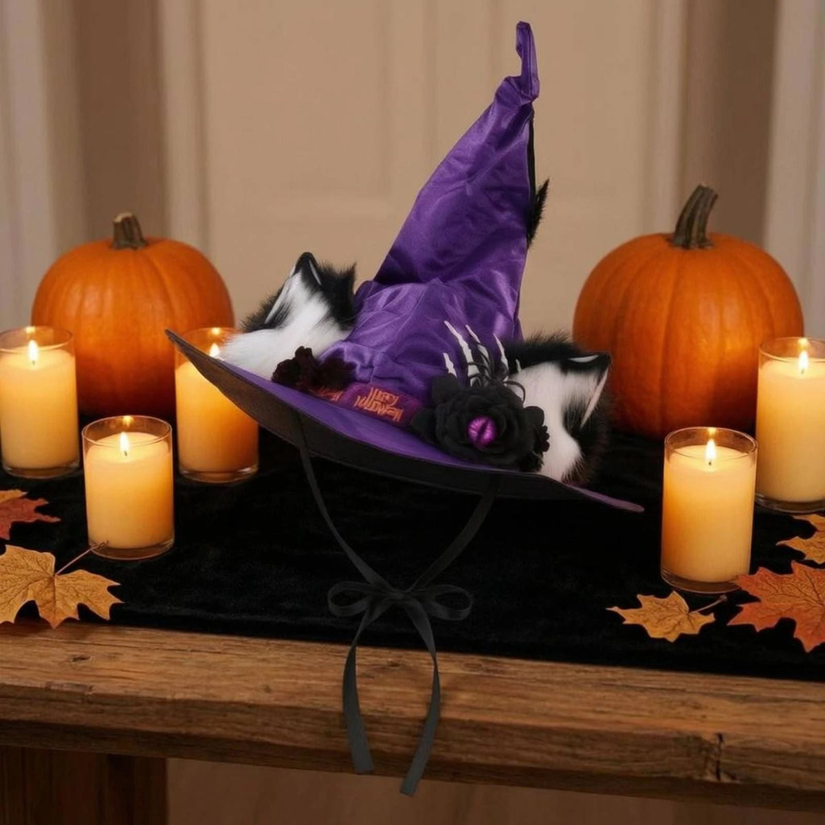 Purple Witch Hat with Furry Cat Ears and Skeleton Hand Halloween Costume