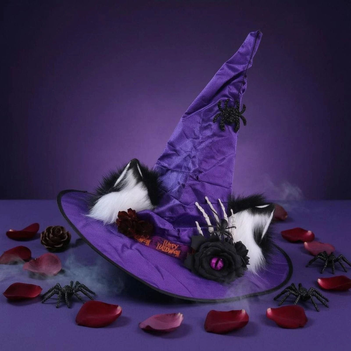 Purple Witch Hat with Furry Cat Ears and Skeleton Hand Halloween Costume