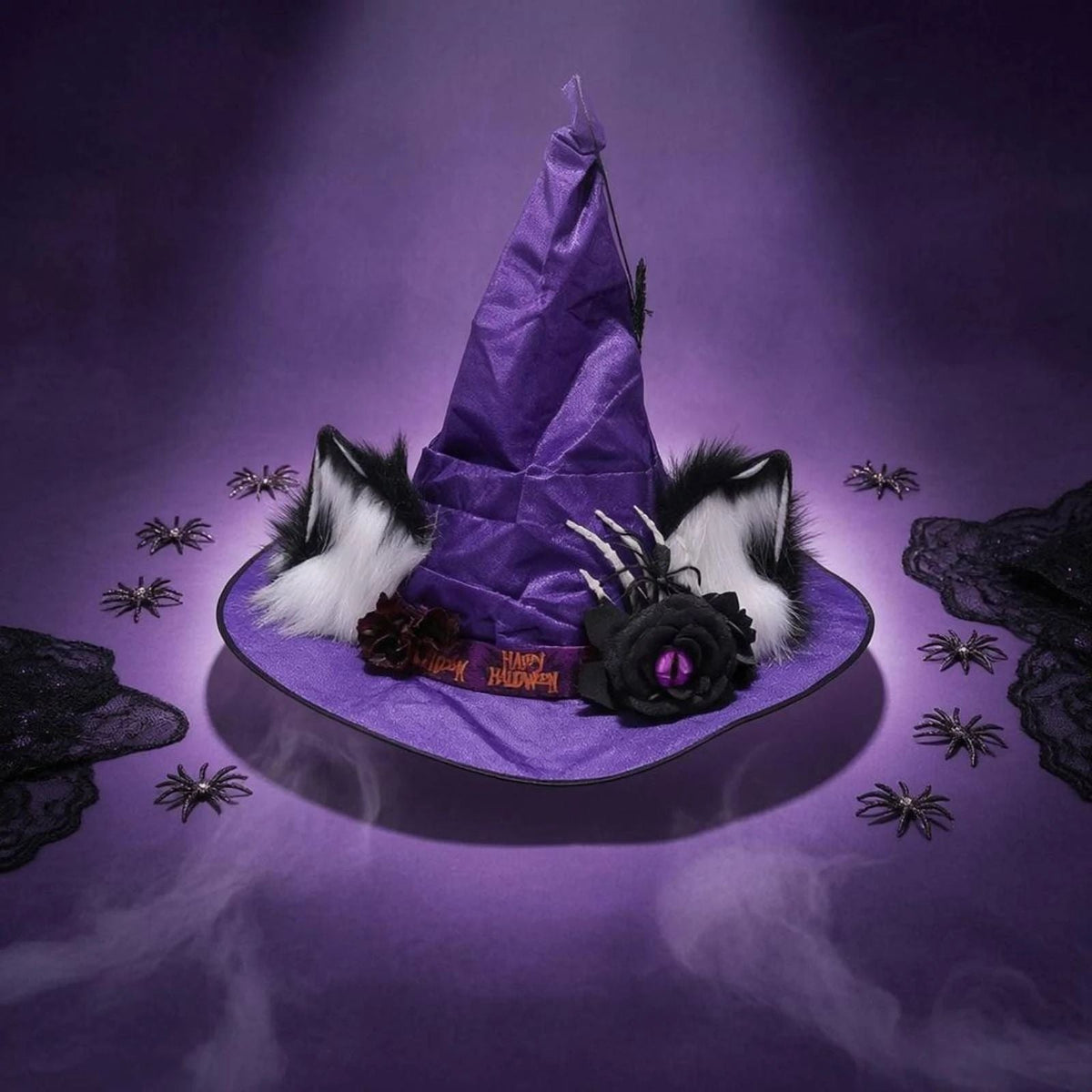 Purple Witch Hat with Furry Cat Ears and Skeleton Hand Halloween Costume