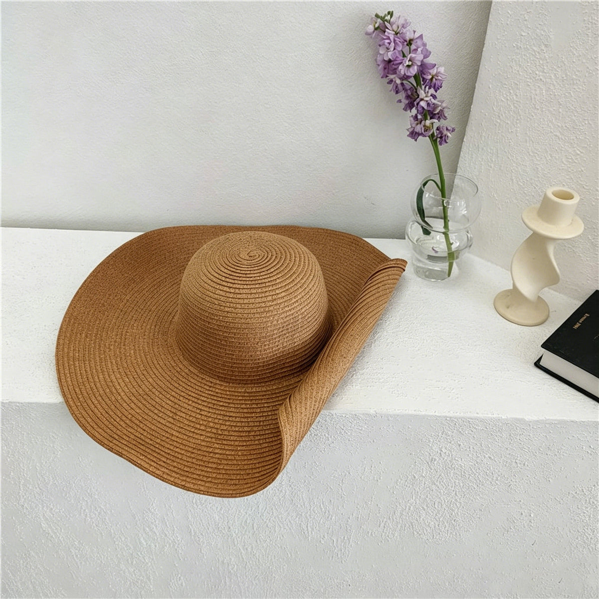 White Straw Hat Womens Foldable Wide Brim Beach Sun Hat Vacation Style
