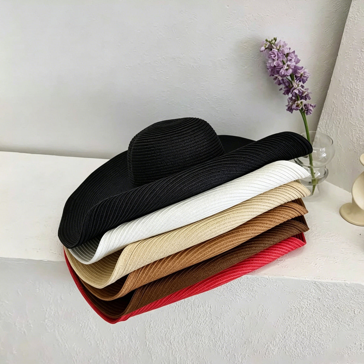 White Straw Hat Womens Foldable Wide Brim Beach Sun Hat Vacation Style